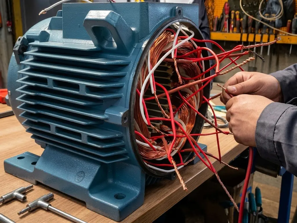 Técnico de Proflux conectando el bobinado de cobre del estator de un motor eléctrico