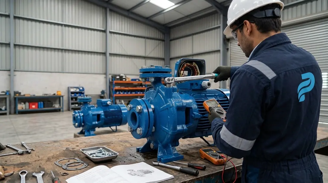 Técnico de Proflux reparando una bomba centrífuga en el taller con torquímetro y multímetro