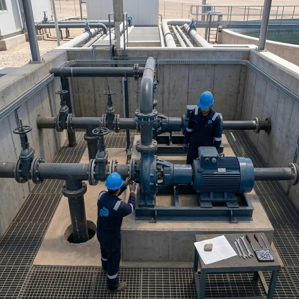 Técnicos de Proflux revisando una bomba centrífuga instalada en una planta industrial