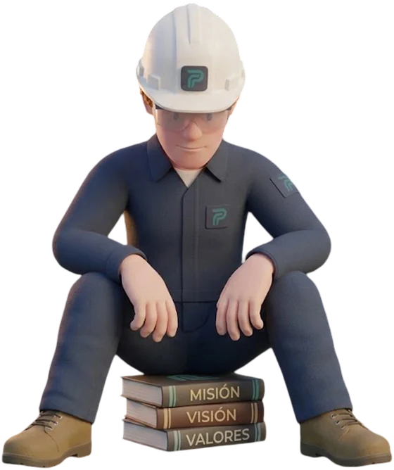 Técnico de Proflux sentado sobre los libros de misión, visión y valores